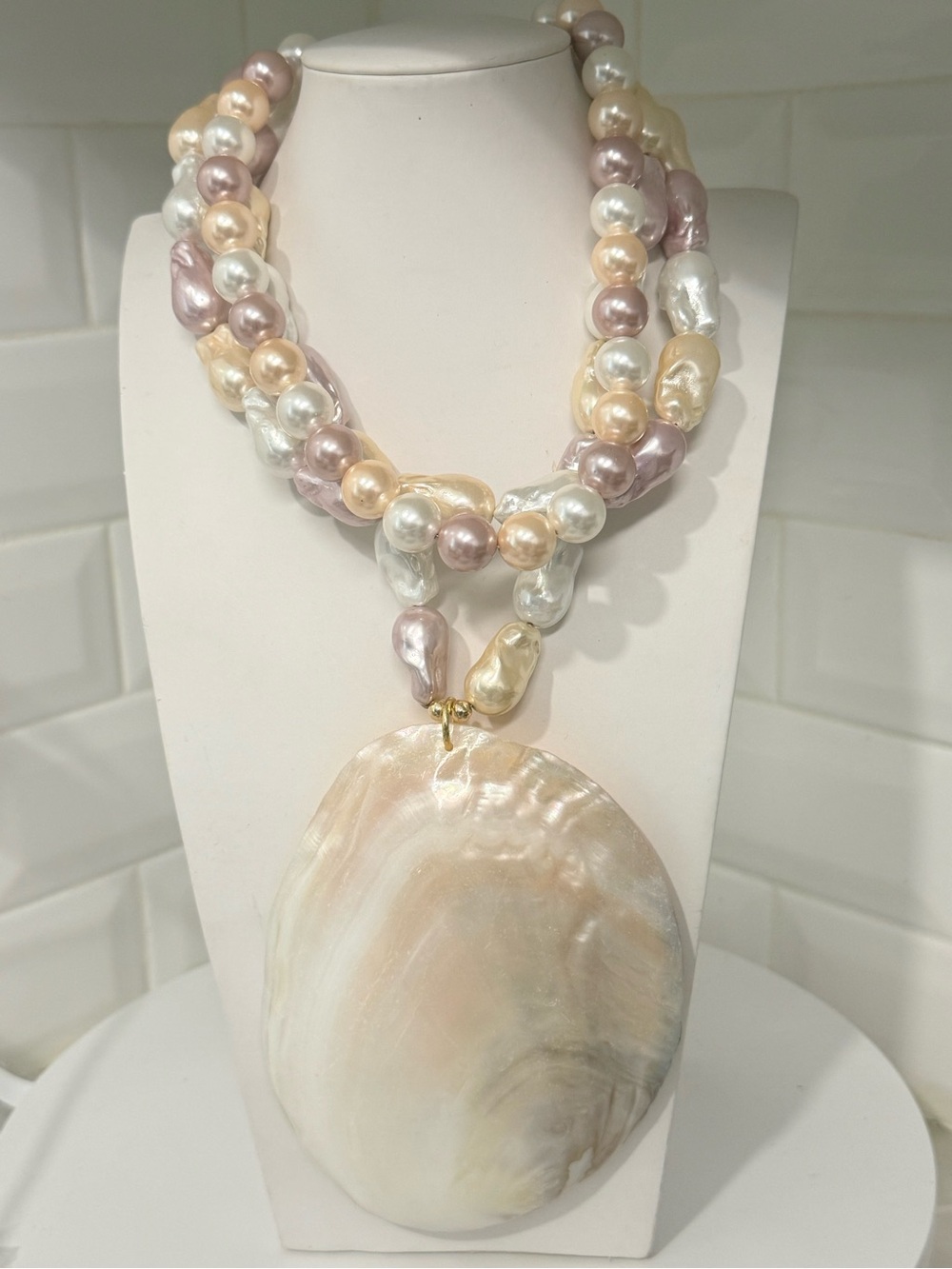 Multi-Color Pearl Statement Necklace with Shell Pendant